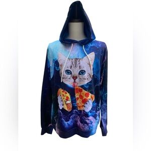Laidipas hoodie Size Blue Cat Hoodie with Pizza and Taco Design SZ XLG